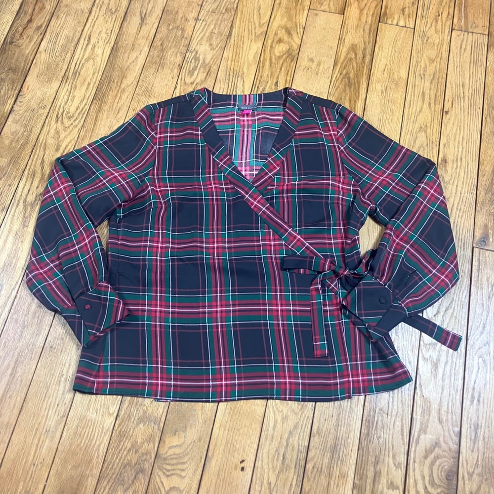 Vince Camuto Womens Plaid Wrap Blouse Red Green Navy Blue Long Sleeve Size L